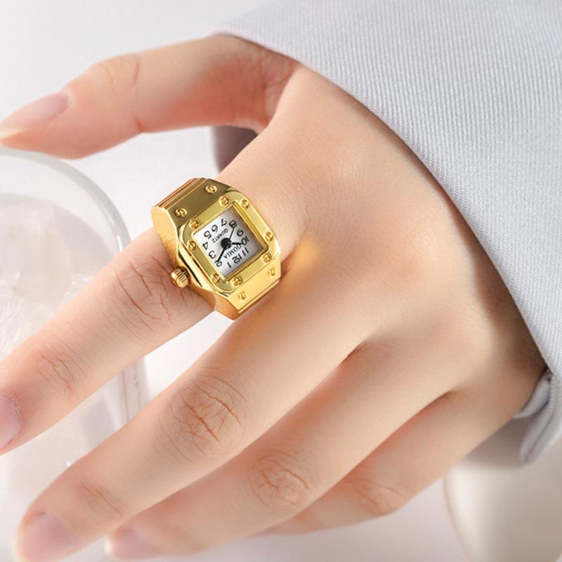 Creative Punk Square Dial Quartz Watches Rings For Women Men Couples Mini Elastic Strap Alloy Watch Finger Ring Jewelry