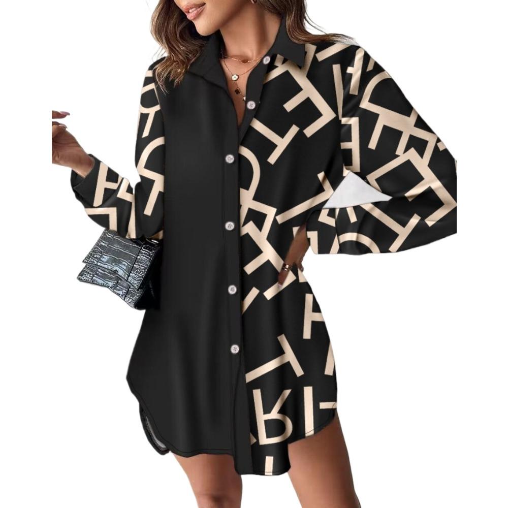 BITCED Women's Autumn and Winter Long Sleeve Printed Patchwork Button Dress Women's Shirt