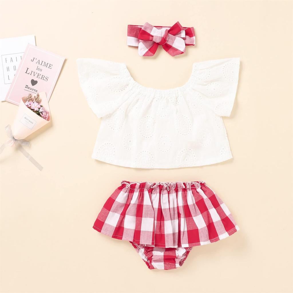 Baby Girls Lace Off Shoulder Short T Shirts Tops+Ruffled Plaid Shorts Outfit With Headband Newborn Infant Set 0-24