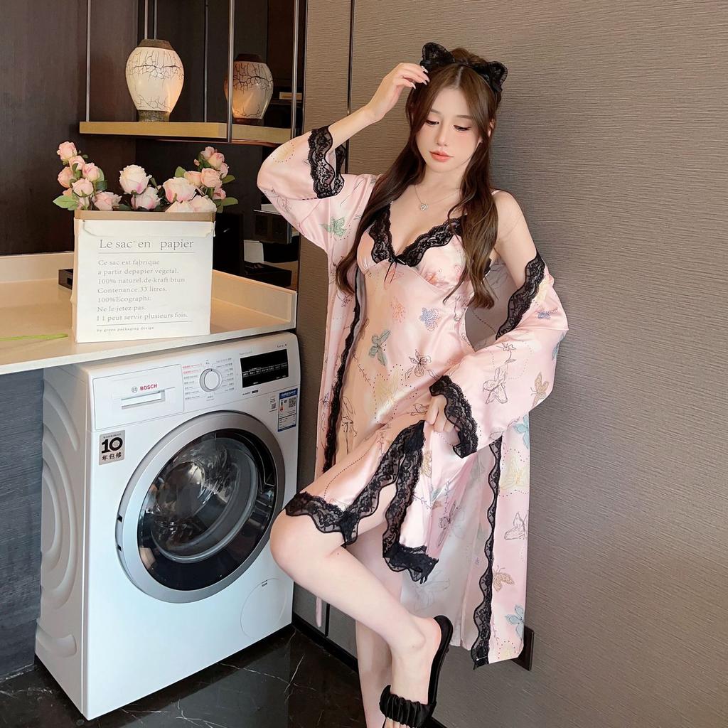 Ice silk pajamas women's new suspender nightgown ins nightgown two-piece set with chest pad sexy printed loungewear long sleeves