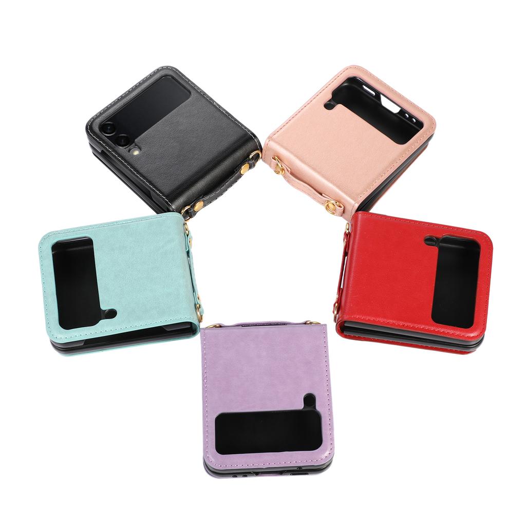 Applicable To Samsung Z Flip7 Mobile Phone Case Z Flip5 Folding Mobile Phone Solid Color Card Insert Leather Case Strap Diagonal Strap Rope