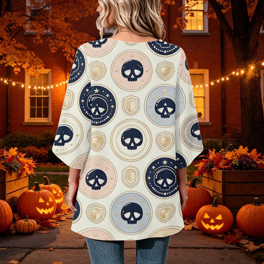 Women's Halloween Printed Casual Loose Fit Round Neck Three-Quarter Sleeve Top