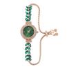 Fashion Green Leaf Thin Belt With Diamond Malachite Green Round Women'S Watch Pull Adjustment Chain Women'S Quartz Watch