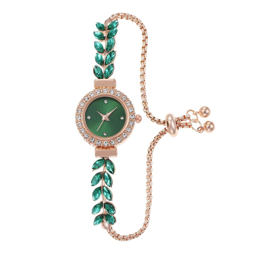 Fashion Green Leaf Thin Belt With Diamond Malachite Green Round Women'S Watch Pull Adjustment Chain Women'S Quartz Watch