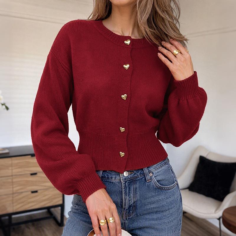 Women's Heart-Button Knit Cardigan: Red Christmas Sweater Coat, 2026 Autumn/Winter European & American Festival Style