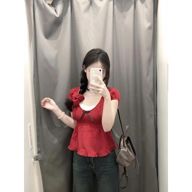 Korean Series Pure Desire BM Red Polka Dot Short sleeve T-shirt Women Summer Bow Small Man Pleat Puff sleeve Top Tide