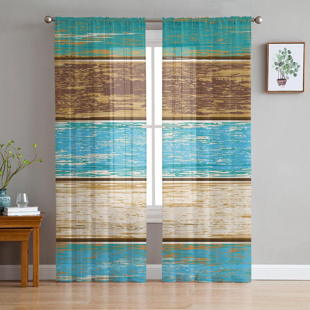 Retro Farm Barn Blue Gray Striped Gradient Sheer Curtains for Living Room Tulle for Windows Voile Yarn Short Bedroom Curtains