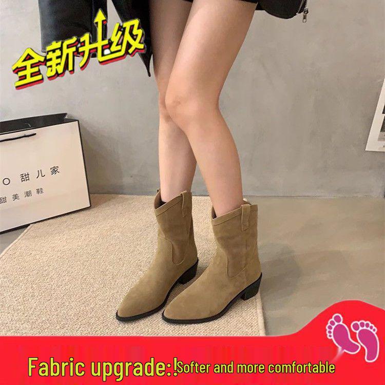 Women's Vintage Brown Western Cowboy Ankle Boots with Chunky Heel and Pointed Toe - V-Mouth Design, Plus Velvet, Autumn/Winter 2025