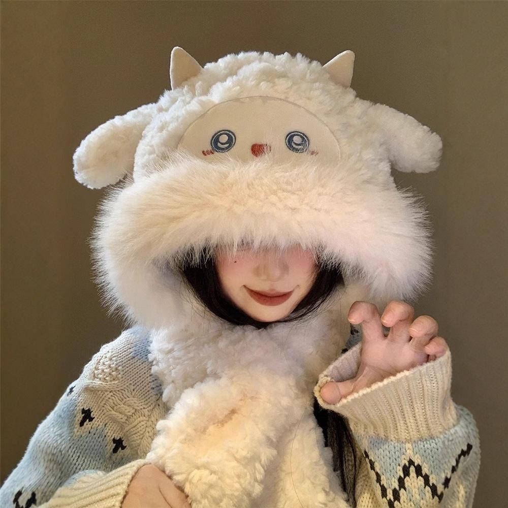 New Winter Cartoon Lamb Thick Plush Hat for Women Keep Warm and Pinch Ears and Move Ear Protection Windproof Hat