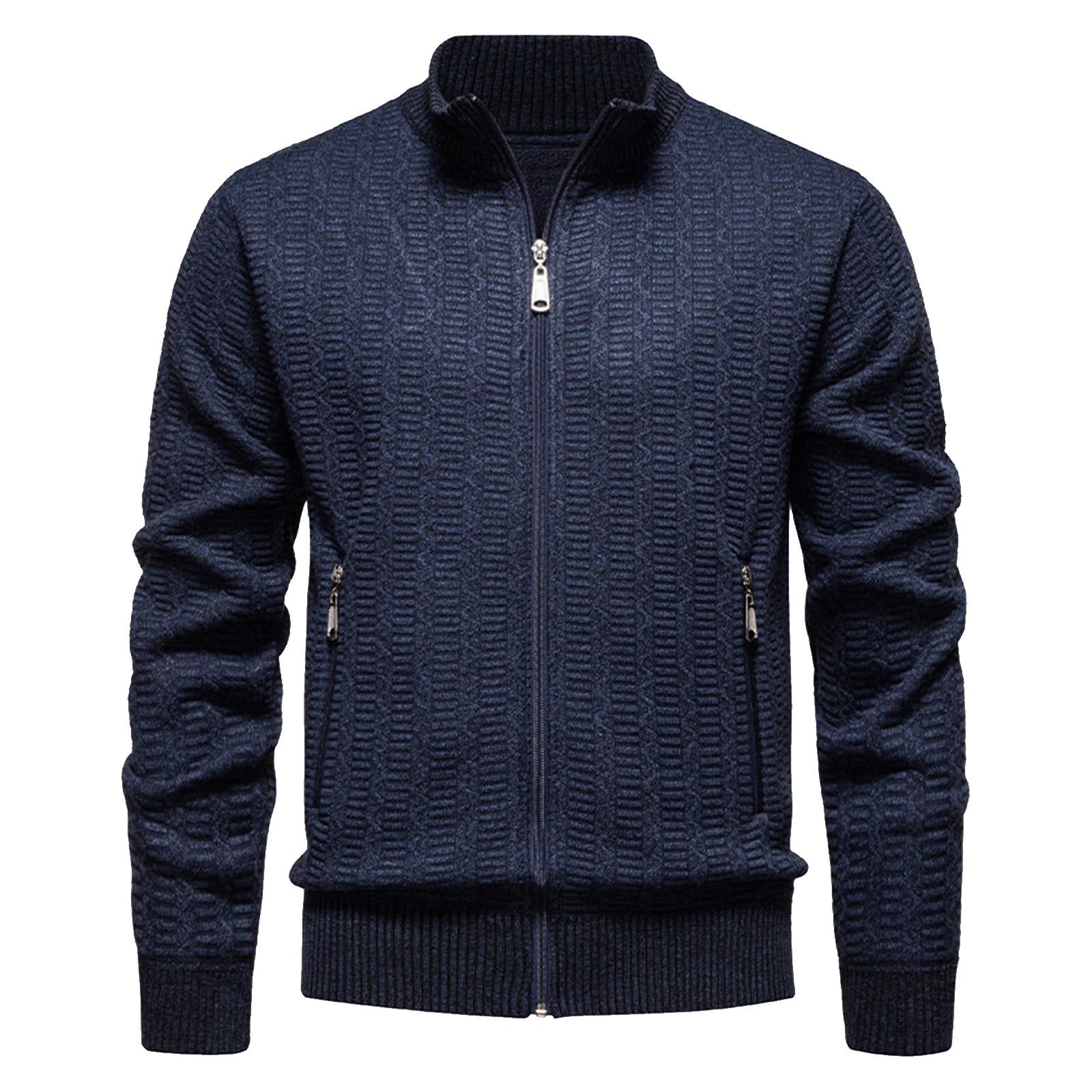 

Men s Solid Color Textured Casual Cardigan Stand Collar Sweater Coat Plus Velvet Jacket XL