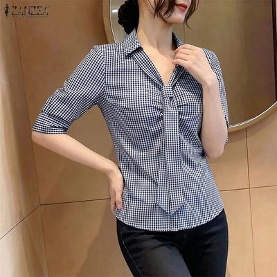 Women Tie Up Half Sleeve Plaid Print Buttons Slim Waist Casual Blouse Shirts Tops