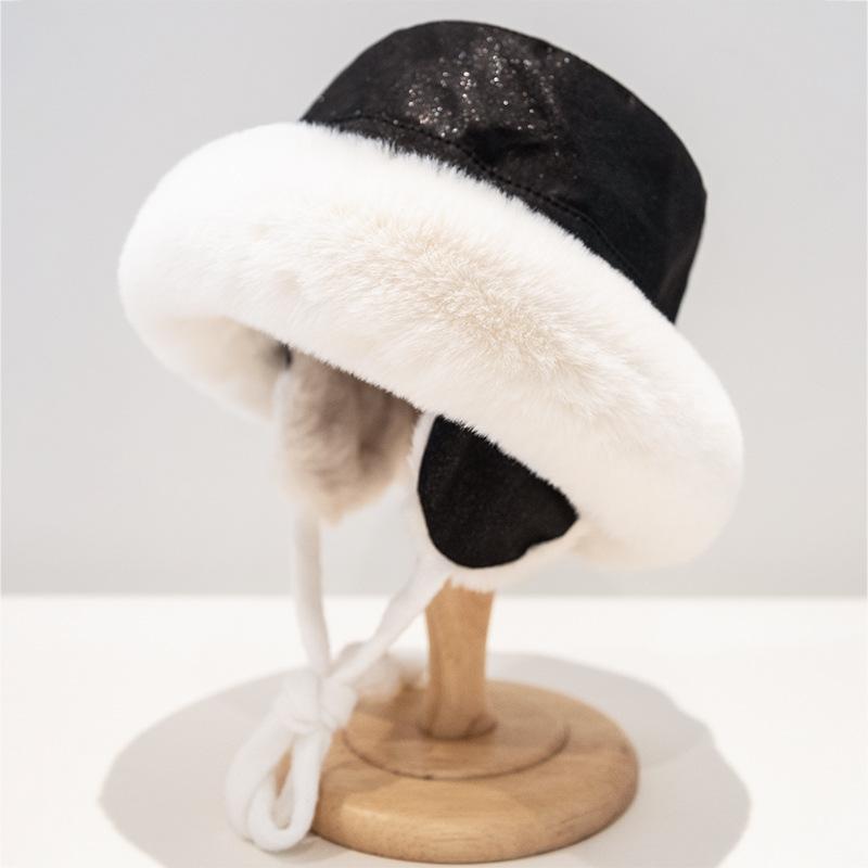 

Женская плюшевая зимняя шляпа-ведро с отделкой из искусственного меха - Мягкая теплая круглая шапка с регулируемой застежкой-кнопкой Уютная шапка для холодной погоды на Рождество One Size чёрный