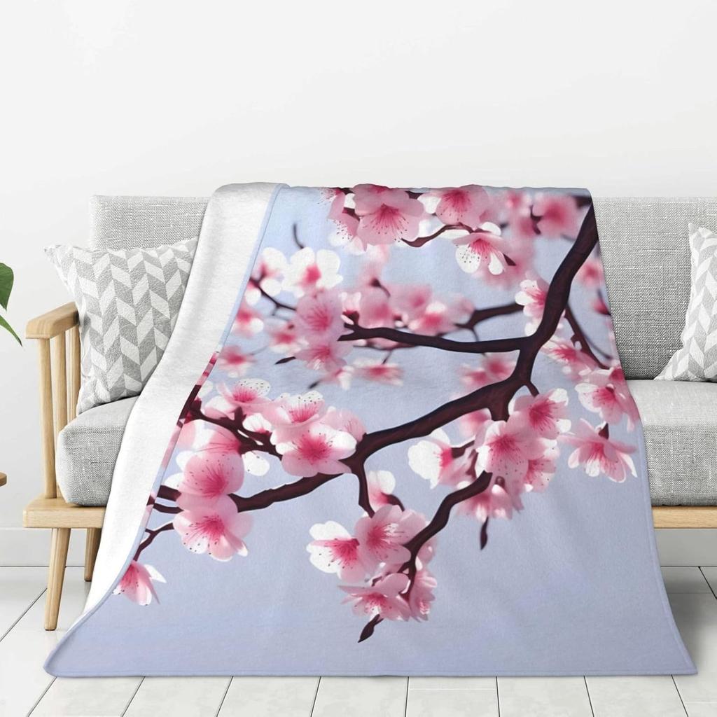 Cherry Blossom Throw Blanket Branches Flower Print Fleece Flannel Blanket Japanese Style Soft Fuzzy Blanket for Sofa Couch Bed