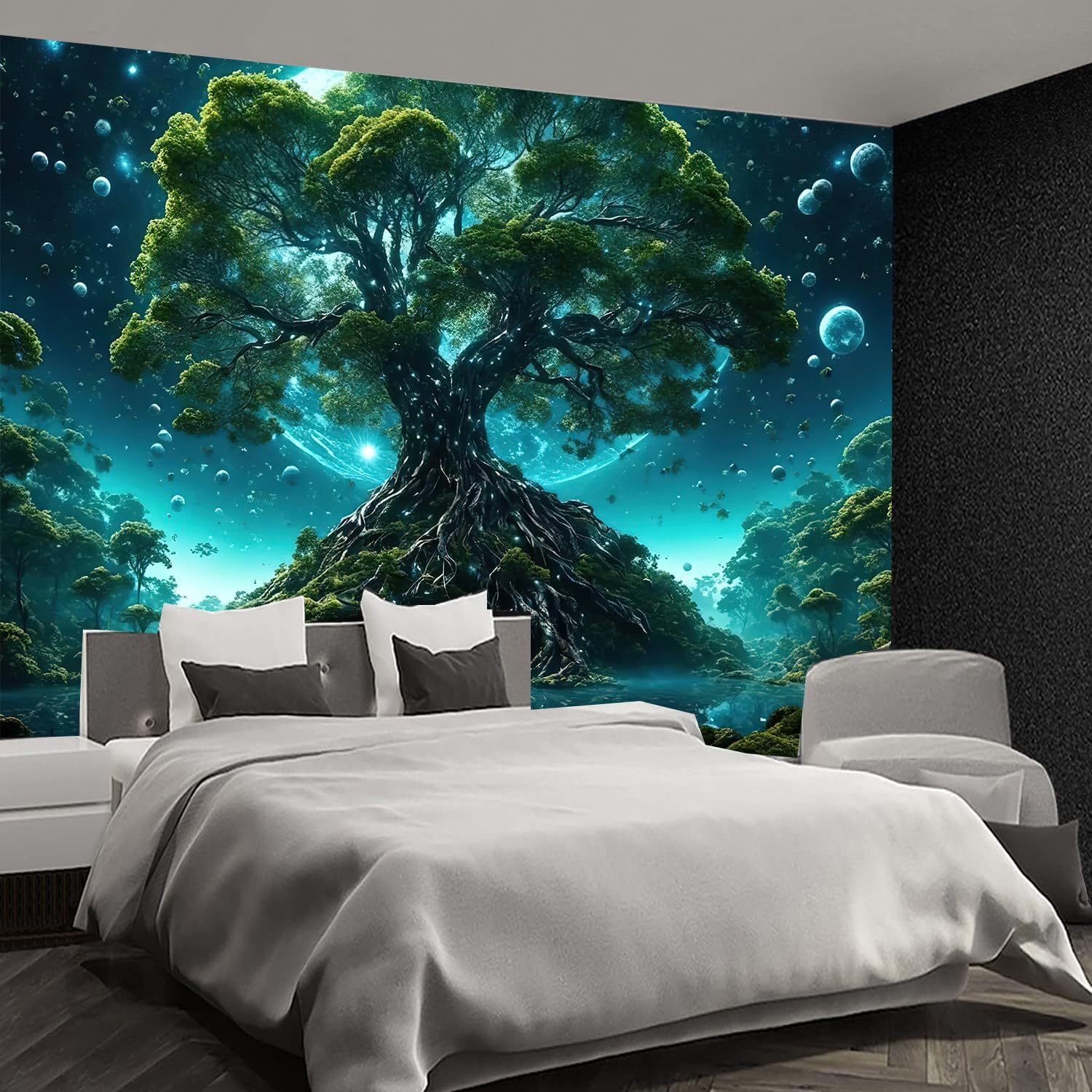 Tapisserie Arbre de Vie Nature Arbre Vert Accroche Murale Esthétique Lune Nuit Pays des Merveilles Fantastique Arbre Plantes Art Mural Pour Maison Dortoir 70x100CM