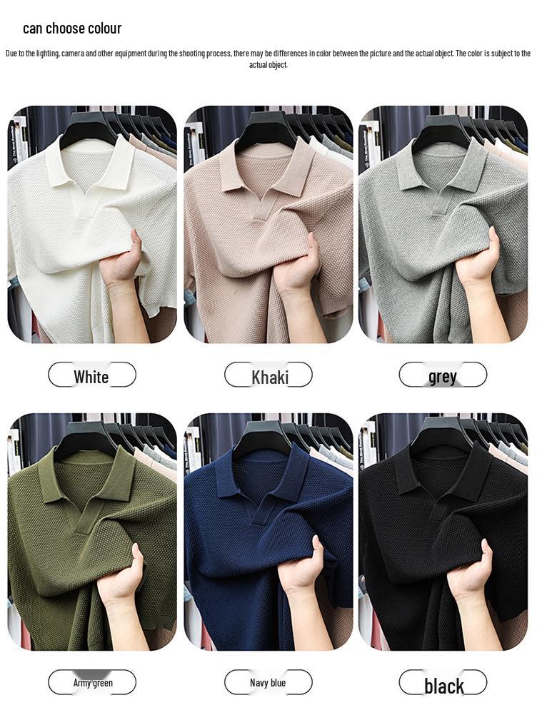 Men's 2025 Summer V-neck Polo - Casual Short Sleeve Pure Cotton Shirt with Pineapple Texture