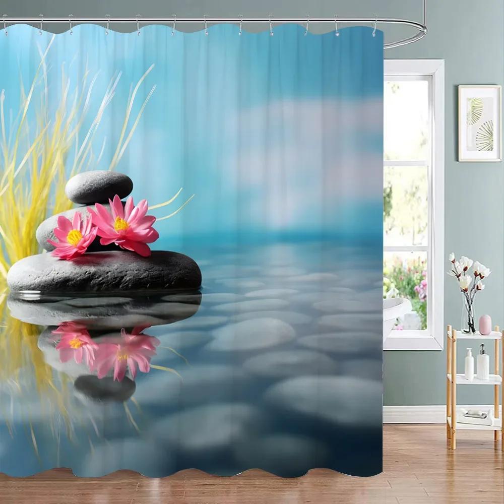 Tenda Doccia Zen Paesaggio di Loto Tenda Doccia Meditazione Pietre Zen Bambù Verde Fiore Pianta Tende Doccia Arredo Bagno
