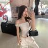 Summer Solid Color Slim Fit Pure Desire Wind Shoulder Top Fungus Edge Design Age Reduction Playful Small Versatile Top
