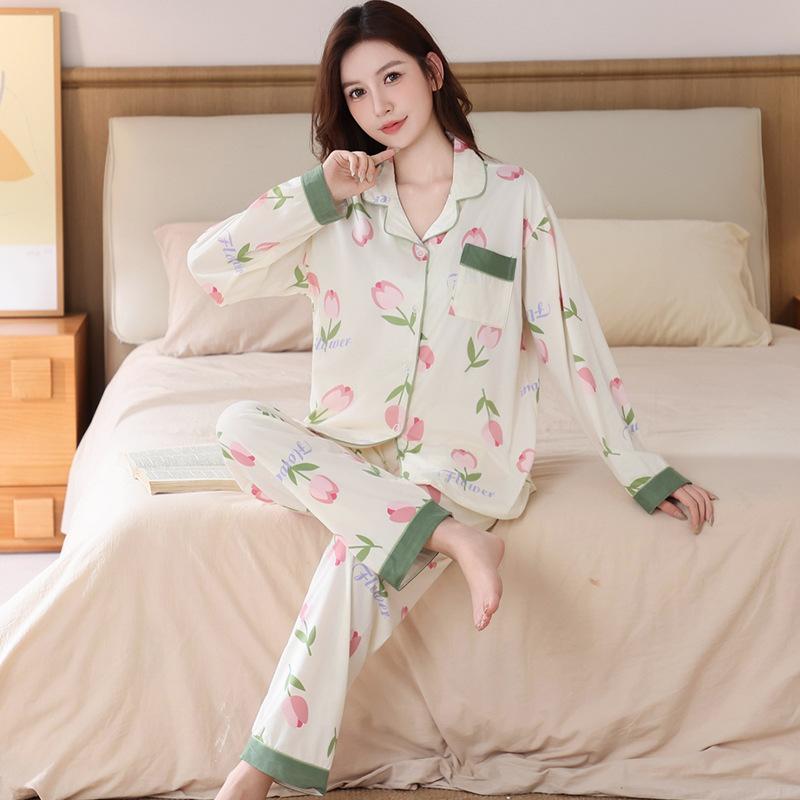 Süße Tulpe neuer Pyjama Damen Frühling und Herbst Imitat Baumwolle langärmelige Loungewear Übergröße Set