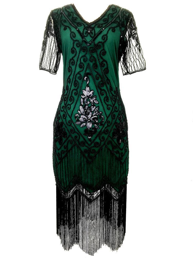European & American 1920s Vintage Sequin Beaded Tassel Plus Size Evening Party Dress