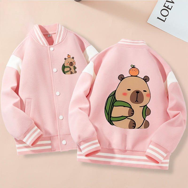 Mignonnes Vestes de Baseball Dessin Animé Capybara pour Enfants, Vestes Décontractées et Chaudes pour Garçons et Filles Automne et Hiver cm beige
