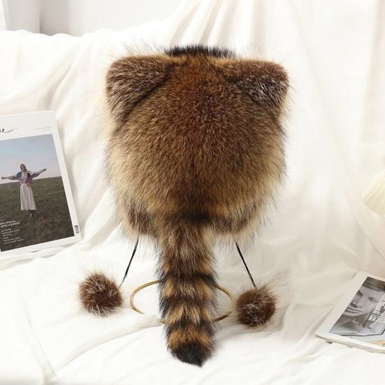 Raccoon Plush Hat with Ears Tail Design Windproof Thickened Winter Warm Plush Ear Protection Hat for Kid Adult