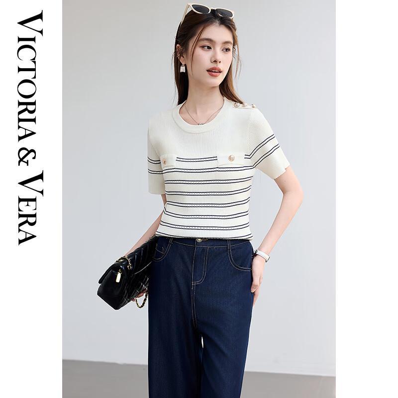 VICTORIA&VERA Women's Striped Knit Short Sleeve Top with Gold Buttons