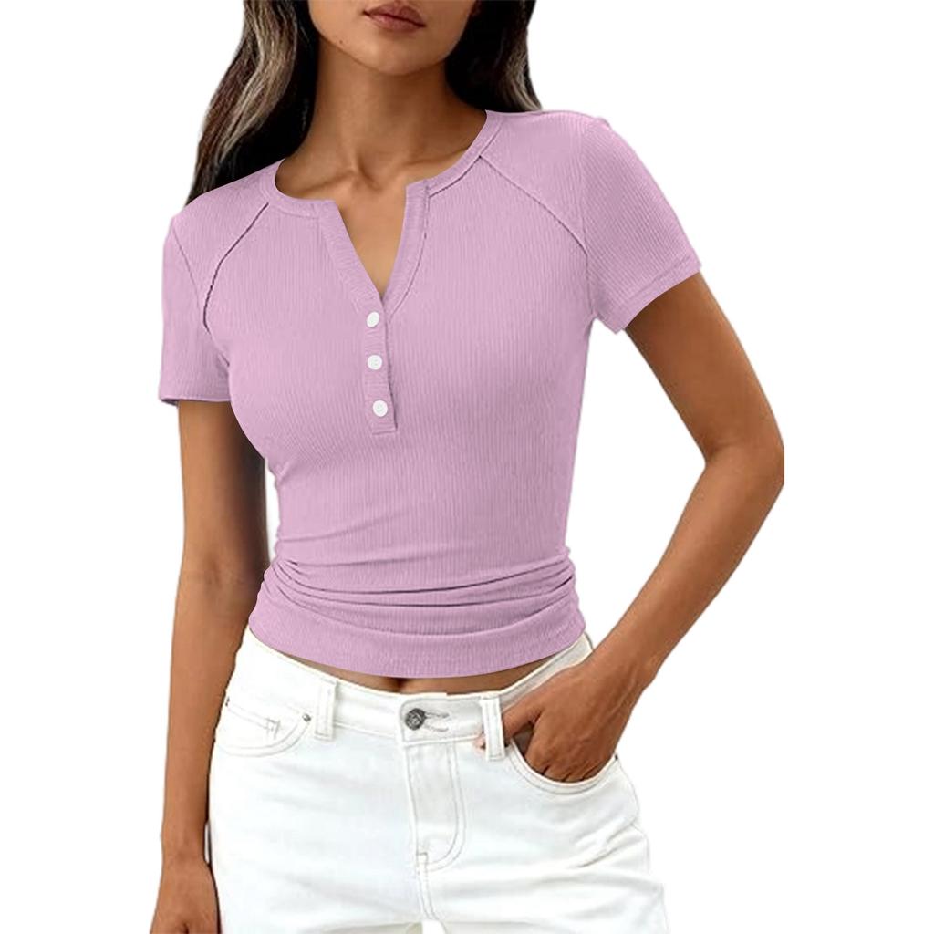 Damenmode Lässig Farbe Neu Kurzarm Dekorative Knöpfe V-Ausschnitt T-Shirt Top