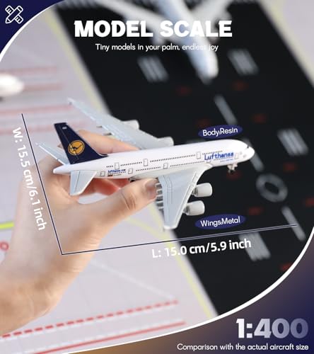 QIYUMOKE 1/400 German A380 Airplane Model Kit (6-inch Large) with Assembled Aircraft Landing Gear and Display Stand for Airbus A380 Airplane Model Kit