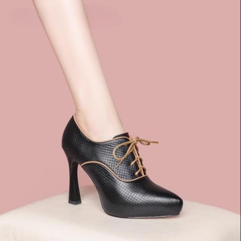 Fashion 2025 Autumn new French deep mouth single shoes leather thick with waterproof platform pointed head strap beige high heels sub
