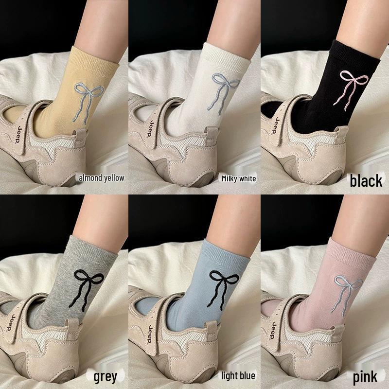 

Women s Mid-Calf White Bowknot Cotton Socks - Trendy Japanese Korean Ballet Style for Spring & Autumn One Size светло-синий