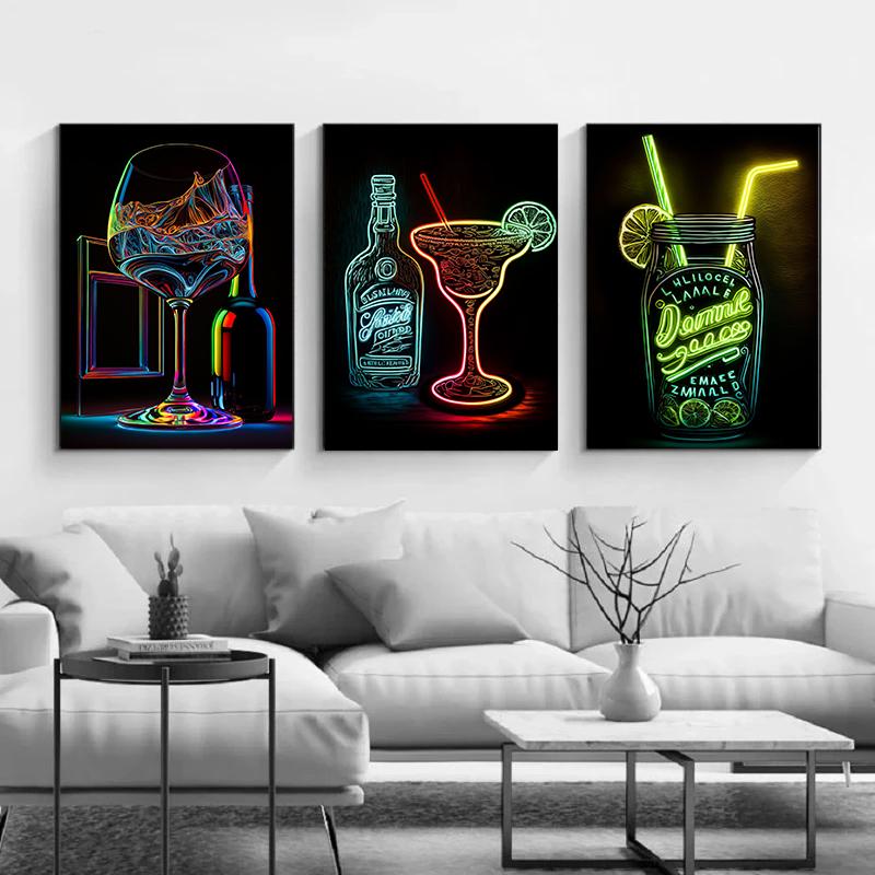 Cocktails Drink Fruit Neon Sign Posters and Prints Canvas Painting Wall Art Picture for Wine Shop Bar Club Room Home Decor