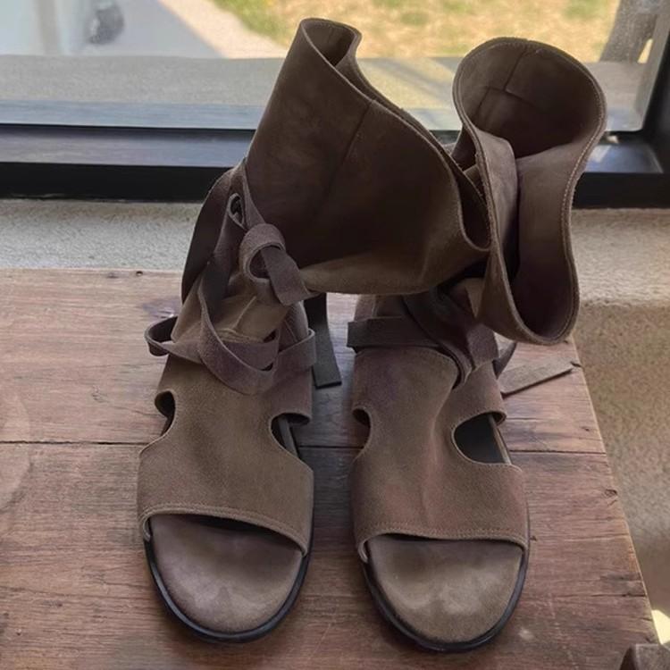 

Cowhide version~ Summer new Korean version niche strap open-toed cool boots women s versatile hollow tube Roman western boots 40 хаки