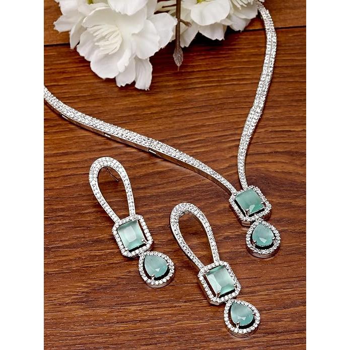Silver Plated Lime Green CZ Studded Necklace with Earrings