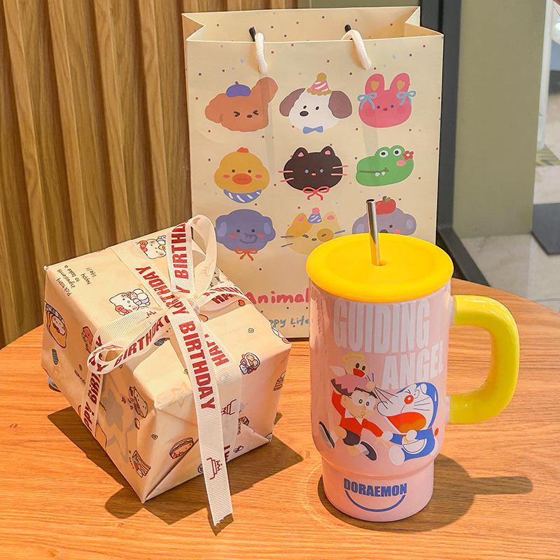 Birthday gift for girls, high-value Bingba cup, ceramic mug with lid straw cup as a gift