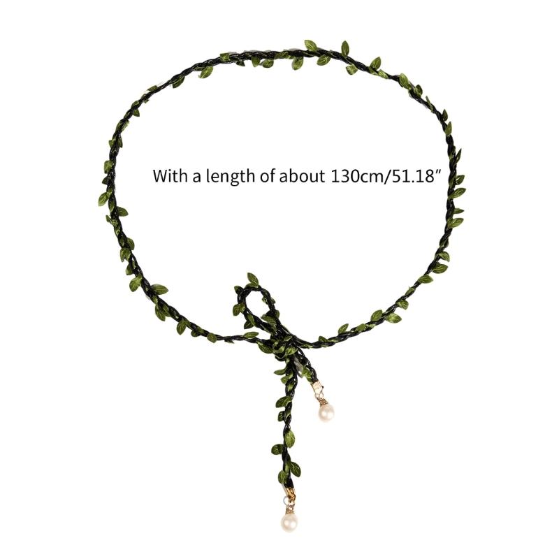 Green Leaves Thin Waist Belt Women Adjustable Belt with Pearl Pendant Belt