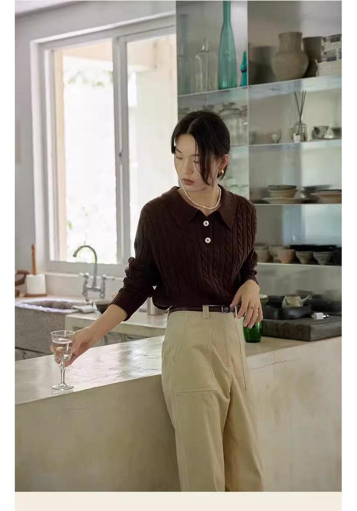 Autumn/Winter POLO Collar Cable Knit Wool Pullover Sweater, Long Sleeve and Loose Fit.