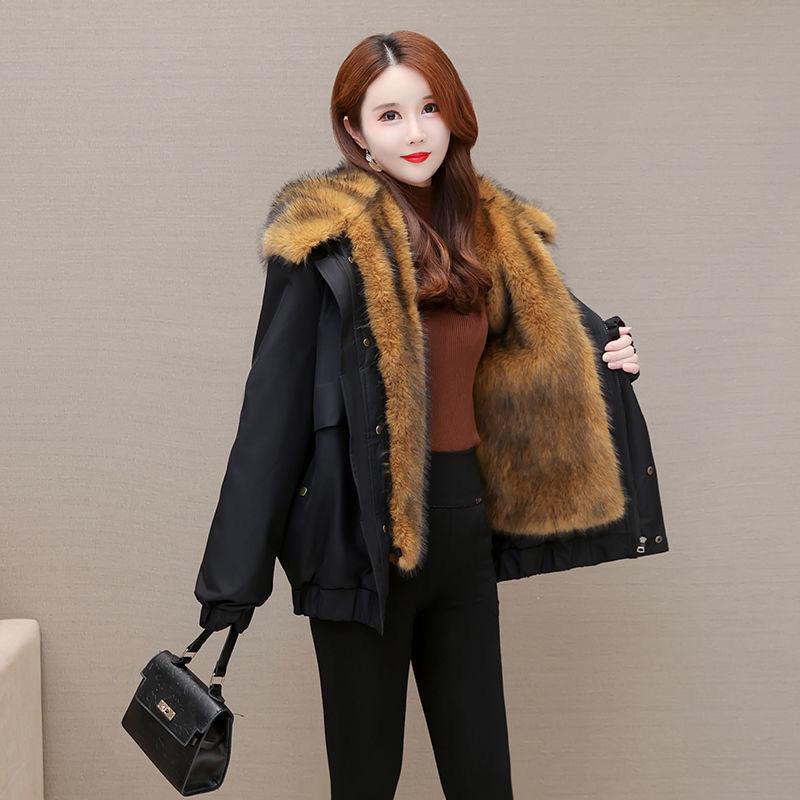 Winter Women's Parka Faux Mink Inner Detachable Short Faux Fur Coat Thick Warm Hooded Parka