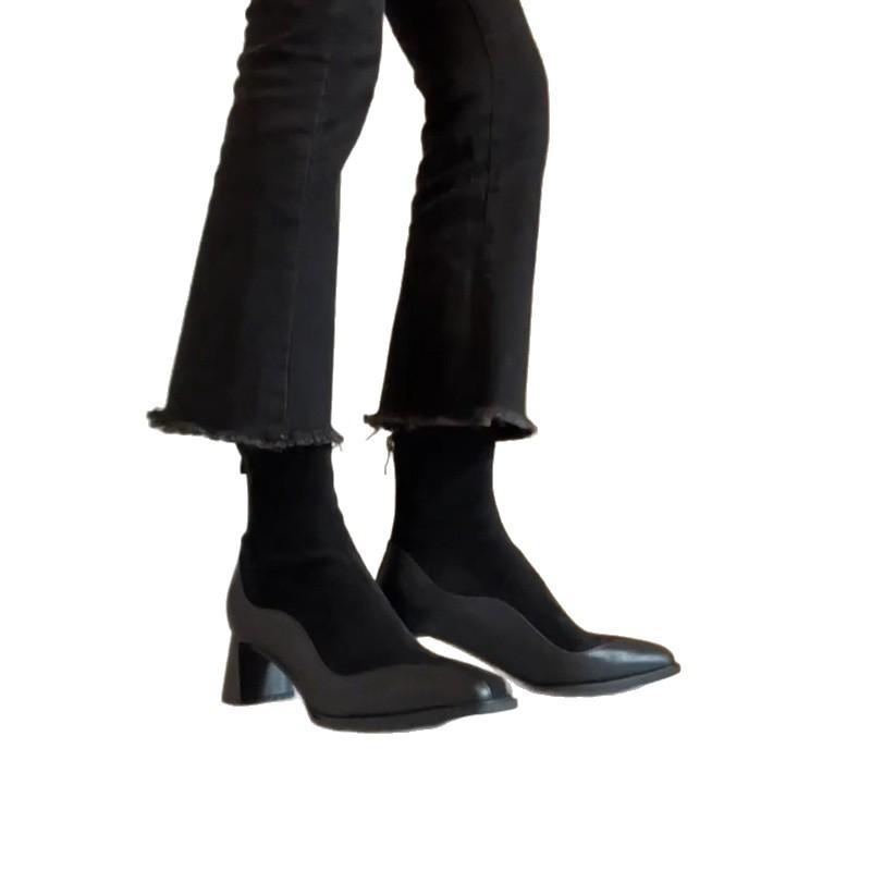 Cowhide version~ French leather elastic thin boots women's retro square head splicing socks boots high-heeled boots temperament short boots