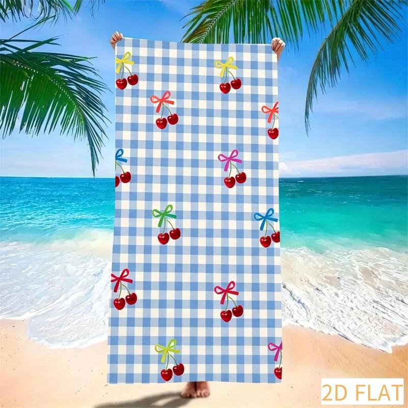 Süßes Kirsch-Karo Strandtuch - Super saugfähiges, schnell trocknendes Mikrofaser-Tuch mit blauem Vichy-Muster, weiche sandfreie Decke für Picknick