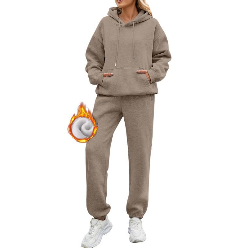 Womens Solid Color Long Sleeve Hooded Fleece Lined Sweatshirt Casual Pants Set Winter