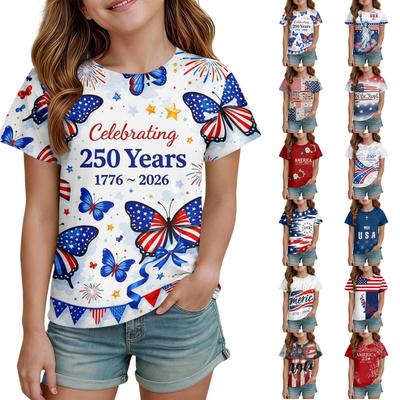 Tricou casual cu gât rotund, mânecă scurtă, cu imprimeu Ziua Independenței pentru copii