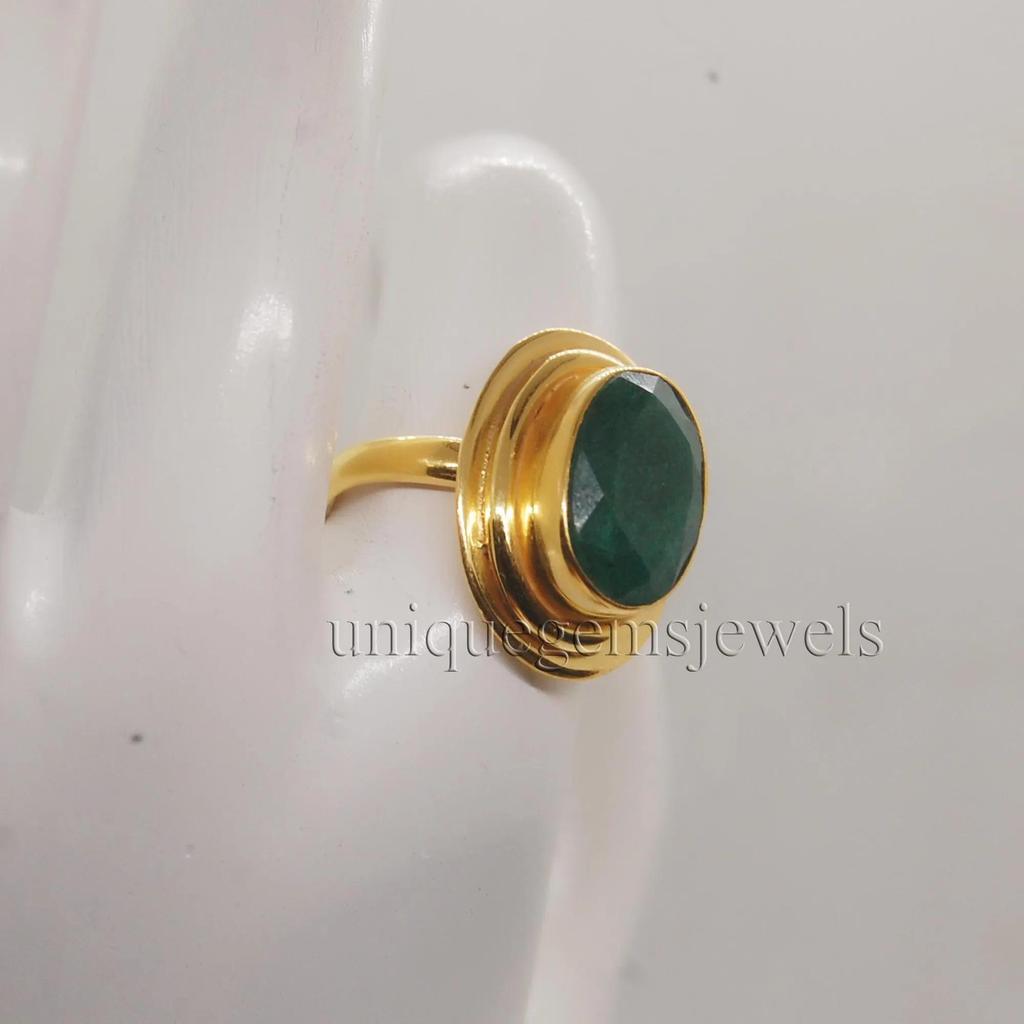 Rich Green Emerald 925 Sterling Silver Yellow Gold Fill Ring Jewelry, Handmade Artisan Gift Ring
