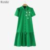 ZANZEA Women Casual Turn Down Collar Floral Print Short Sleeve Dress