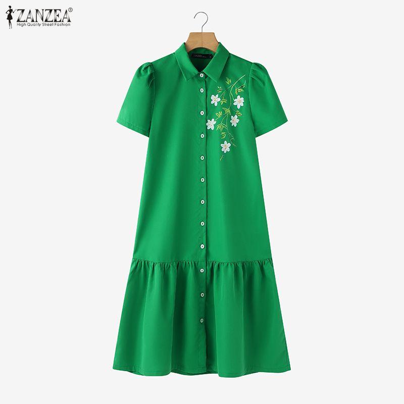 ZANZEA Women Casual Turn Down Collar Floral Print Short Sleeve Dress