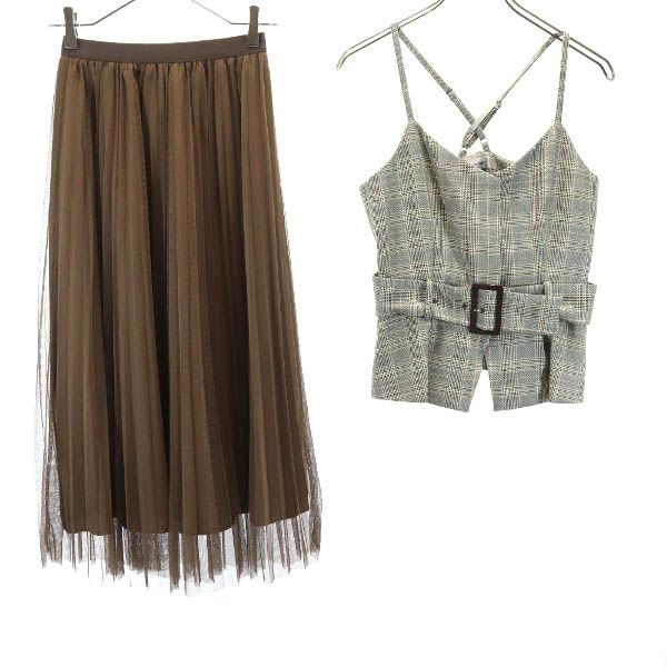 

неиспользованный Rirandture клетчатый камзол Комплект 1 Серый x коричневый Плиссированная юбка Женский Б/У