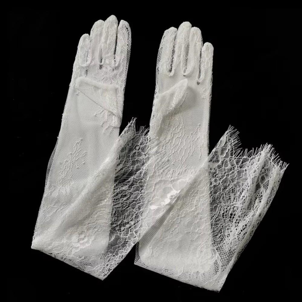 1 Pair Long Length Lace Gloves Thin Material Transparent Bridal Gloves Hollow Out Sheer Fabric Opera Gloves Night Club