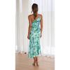 VEZFAA Women's Fashion Summer Spring Flower Pattern Print Sleeveless Oblique Collar High Waist Casual Dresses