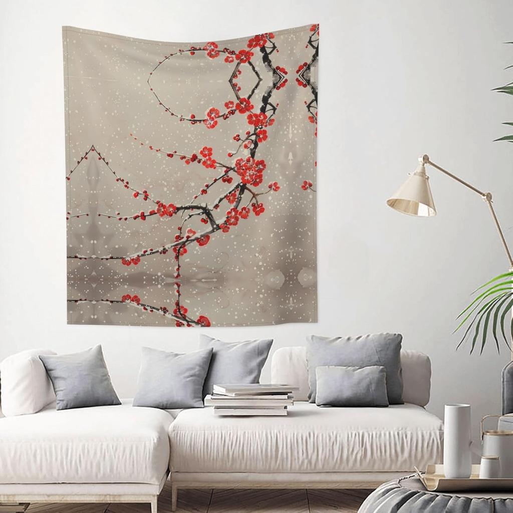 Tapestry se zimním květem švestky, Tradiční čínská červená květinová závěsná dekorace na zeď se sněhem pro Zen a estetickou domácí výzdobu