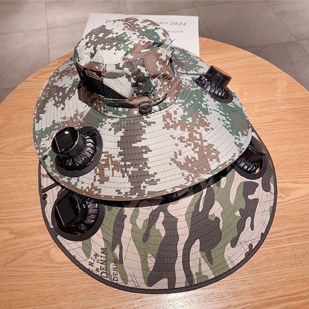 UV Protection Wide Brim Sun Cap Adjustable Sun Bucket Hat Portable Sun Hat with Solar Fan Men