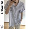 Embroidered Striped Short Sleeve Shirt Men Korean Style Collar Casual Loose Top